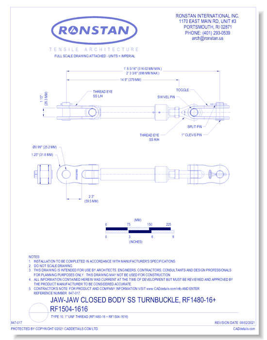 (RF1480-16 + RF1504-1616) J-8, Jaw-Jaw Closed Body SS Turnbuckle, Type 10, 1 Inch UNF Thread