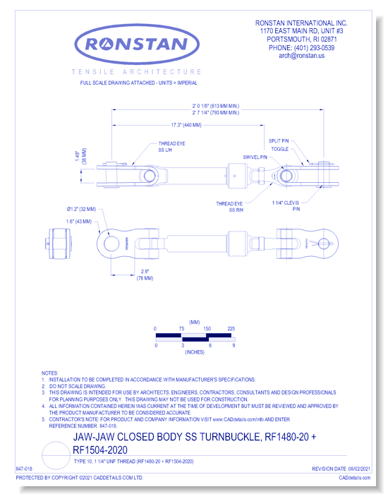 (RF1480-20 + RF1504-2020) J-9, Jaw-Jaw Closed Body SS Turnbuckle, Type 10, 1 1/4 Inch UNF Thread