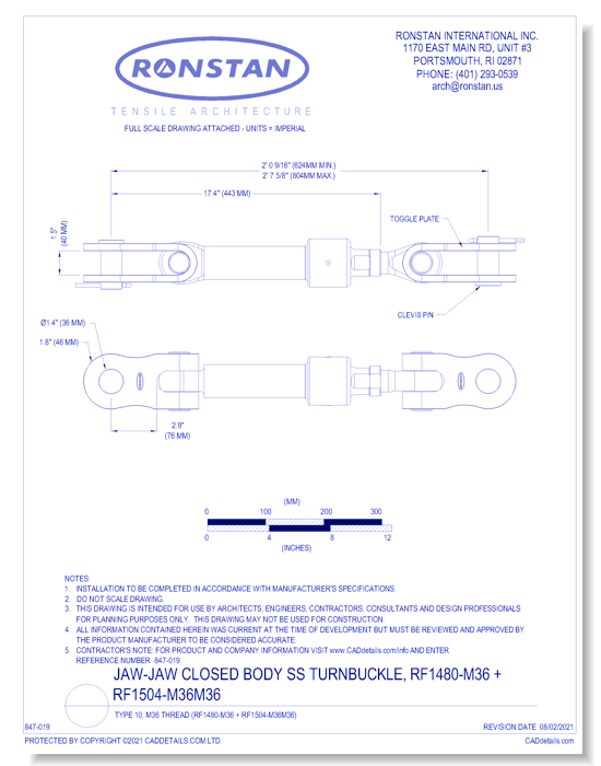 (RF1480-M36 + RF1504-M36M36) J-10, Jaw-Jaw Closed Body SS Turnbuckle, Type 10, 1 3/8 Inch UNF Thread