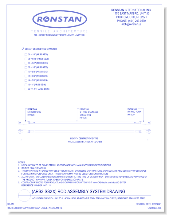 (ARS3-SS) Rod Assembly System Drawing For 28mm To 97mm Dia Rod, Adjustable Fork Termination Clevis, Standard Stainless Steel