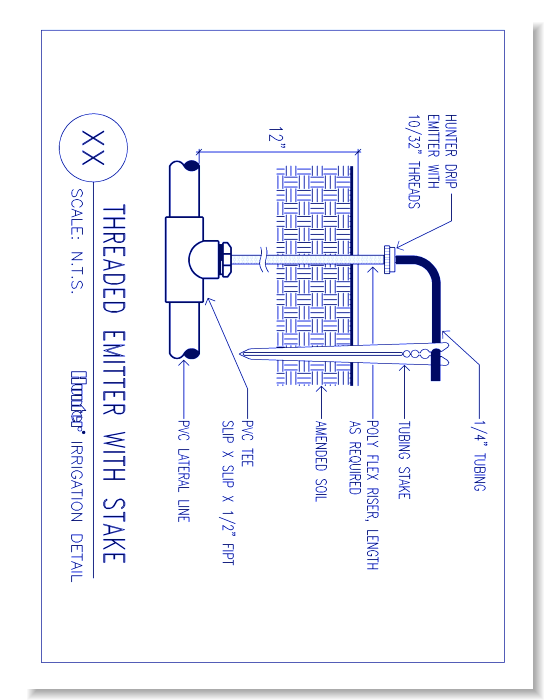 Drip Emitters - Threaded Emitter on Poly Flex Riser with Stake - CADdetails
