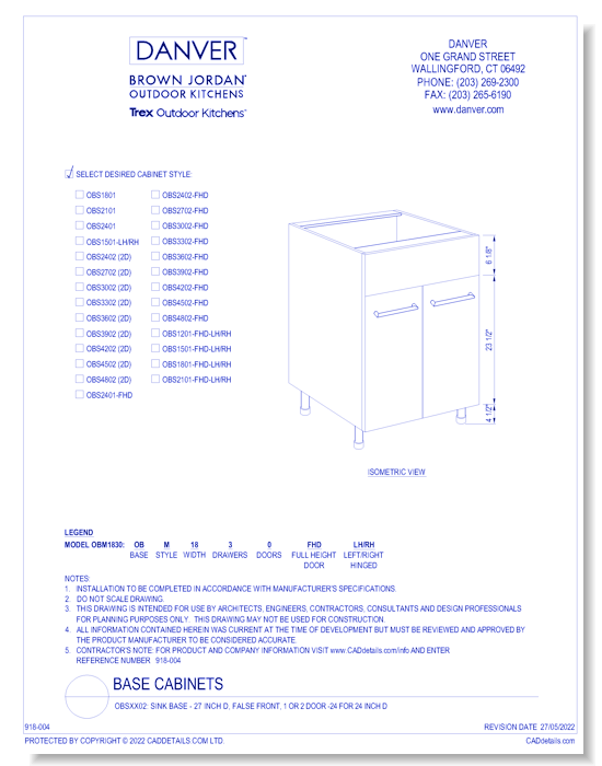 OBSXX02: Sink Base - 27 Inch D, False Front, 1 or 2 Door -24 for 24 Inch D