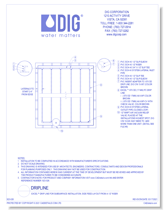 Excel™ Drip Line for Subsurface Installation - Side Feed Layout from a 1/2" Riser