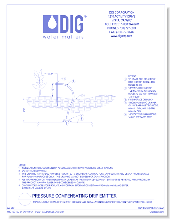 Typical Layout Detail Drip Emitter Below Grade Installation Using 1/4" Distribution Tubing with (.156-.150 ID)