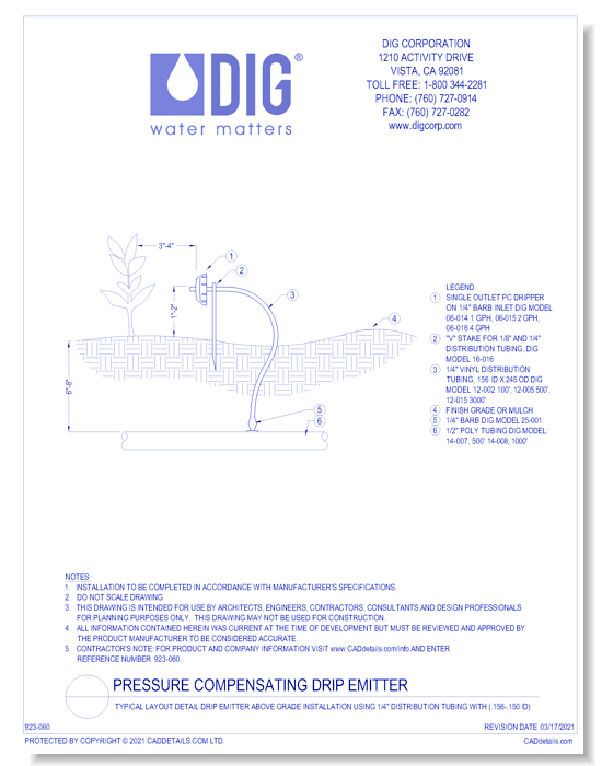 Typical Layout Detail Drip Emitter Above Grade Installation Using 1/4" Distribution Tubing with (.156-.150 ID)