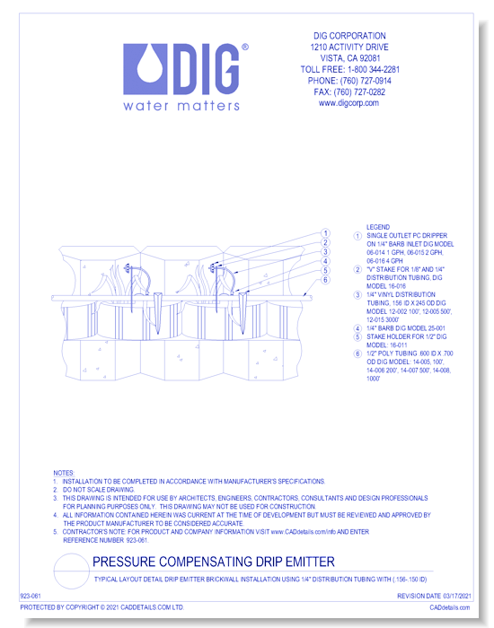 Typical Layout Detail Drip Emitter Brickwall Installation using 1/4" Distribution Tubing with (.156-.150 ID)