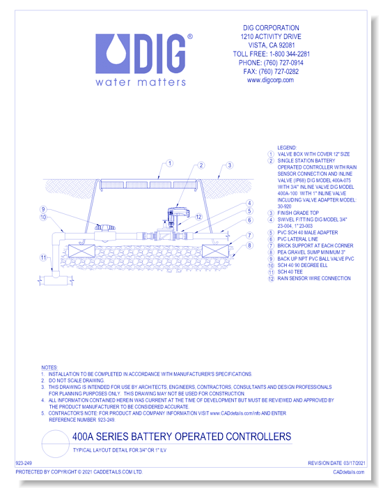 400A Series Battery Operated Controllers - Typical Layout Detail for 3/4" Or 1" ILV