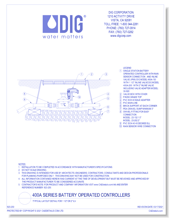 400A Series Battery Operated Controllers - Typical Layout Detail for 1 1/2" Or 2" ILV