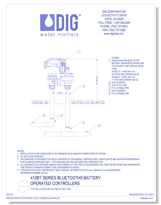 410BT Series Bluetooth® Battery Operated Controllers - Typical Layout Detail for 3/4" Or 1" ASV