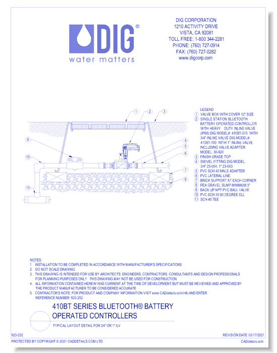 410BT Series Bluetooth® Battery Operated Controllers - Typical Layout Detail for 3/4" Or 1" ILV