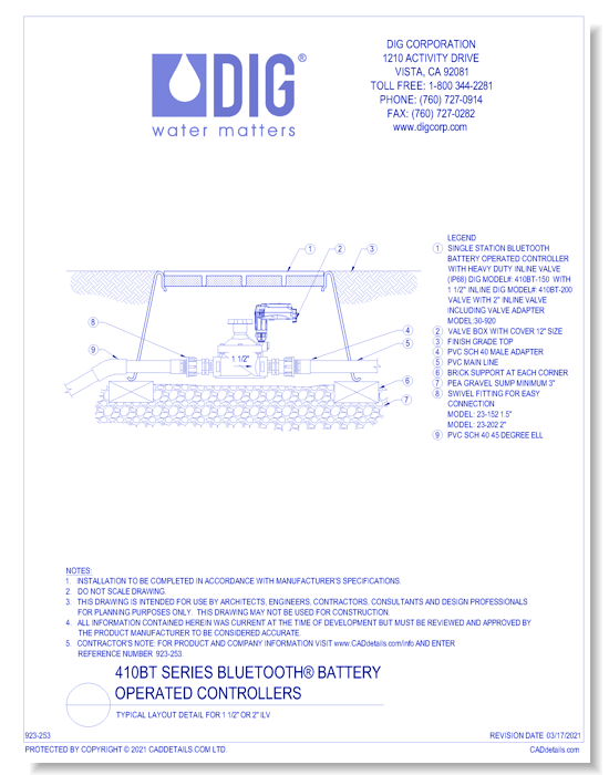 410BT Series Bluetooth® Battery Operated Controllers - Typical Layout Detail for 1 1/2" Or 2" ILV