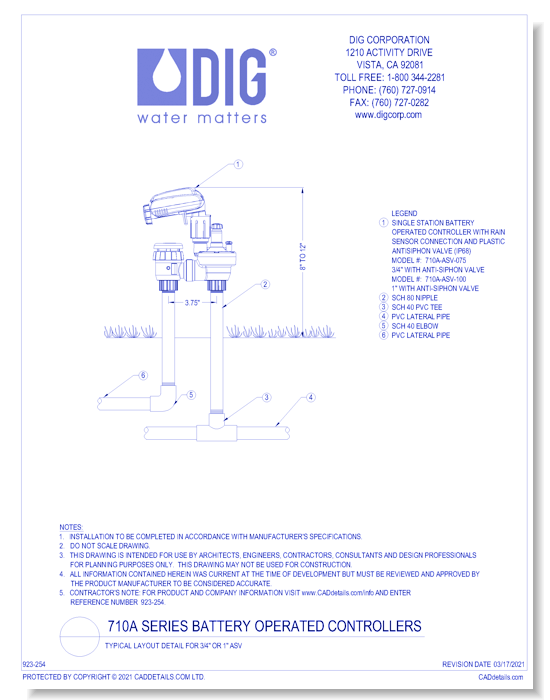 710A Series Battery Operated Controllers - Typical Layout Detail for 3/4" Or 1" ASV