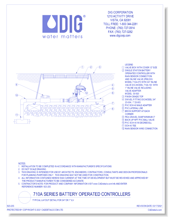 710A Series Battery Operated Controllers - Typical Layout Detail for 3/4" Or 1" ILV