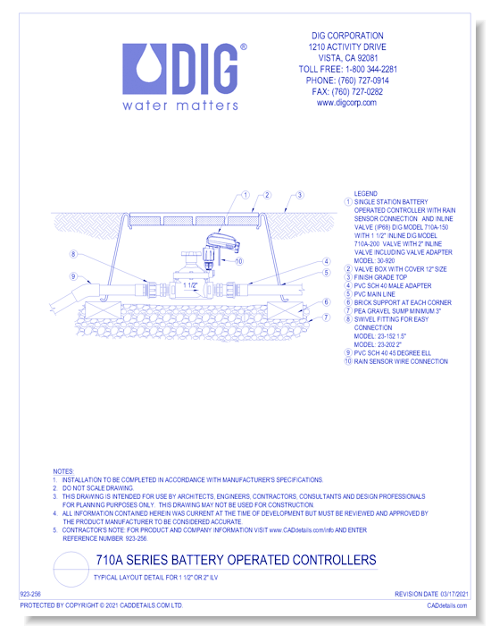 710A Series Battery Operated Controllers - Typical Layout Detail for 1 1/2" Or 2" ILV