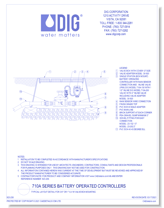 710A Series Battery Operated Controllers - Typical Layout Detail for 1 1/2" Or 2" ILV w/ Valve Box Mounting