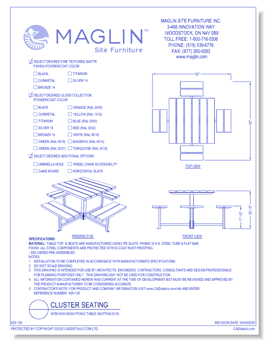 MTB-0400-00024 Picnic Table (MLPT400-S-W)
