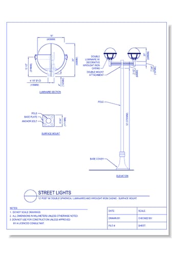 Street Lights - 12 Ft. Post W/ Double Spherical Luminaires and Wrought Iron Casing - Surface Mount