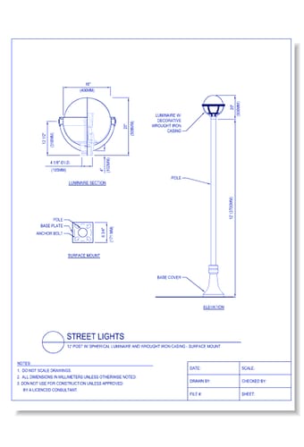 Street Lights - 12 Ft. Post W/ Spherical Luminaire and Wrought Iron Casing - Surface Mount