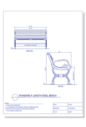 Exterior Seating Bench - Steel, Standard 4 Foot Length, w/ Back and 2 Armrests