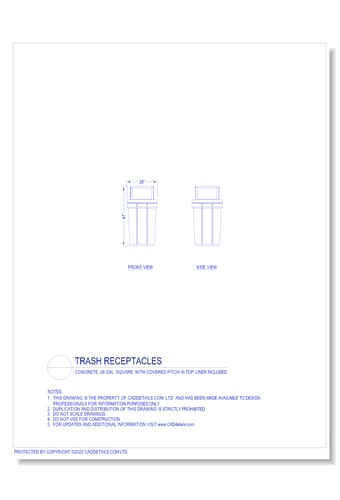 Trash Receptacles: Concrete, 28 Gal. Square, with Covered Pitch in Top, Liner Included
