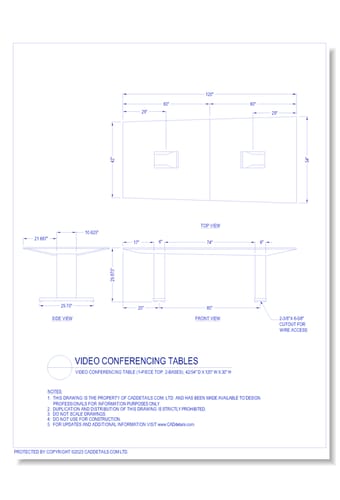 Video Conferencing Tables: Video Conferencing Table (1-Piece Top, 2-Bases), 42/54" D x 120" W x 30" H