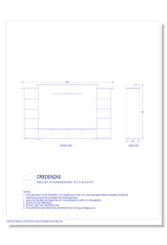 Credenzas: Media Unit, with End Bookcases, 18" D x 130" W x 74" H