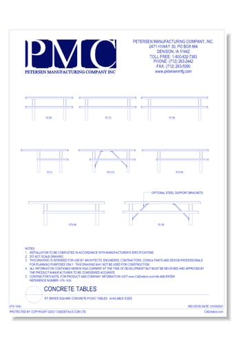 RT Series Square Concrete Picnic Tables:  Available Sizes