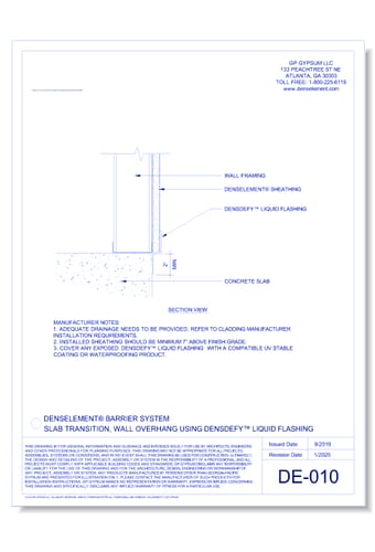 DE-010 - Slab Transition, Wall Overhang Using DENSDEFY® Liquid Flashing
