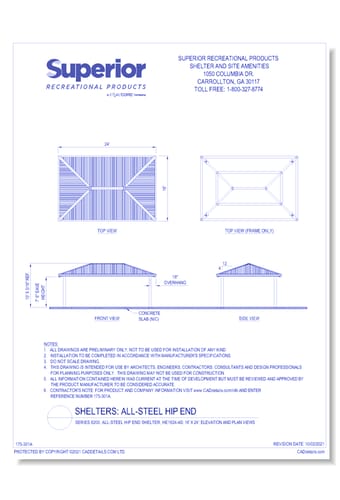 16' x 24' Hip End Shelter: Elevation and Plan Views