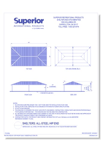 Series 8200, All-Steel Hip End Shelter, HE2444-AS: 24' x 44' : Elevation and Plan Views