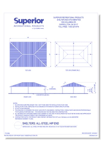 30' x 44' Hip End Shelter: Elevation and Plan Views