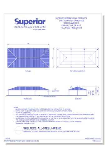30' x 64' Hip End Shelter: Elevation and Plan Views