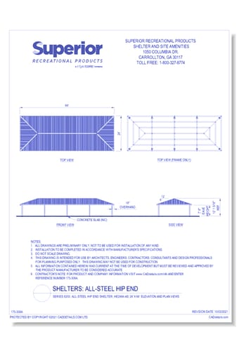 24' x 64' Hip End Shelter: Elevation and Plan Views