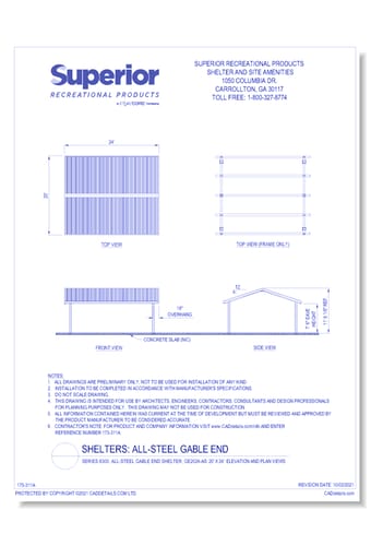 20' x 24' Gable End Shelter: Elevation and Plan Views