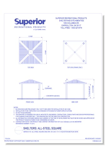 12' x 12' Square Shelter: Elevation and Plan Views