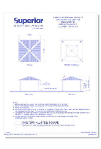 16' x 16' Square Shelter: Elevation and Plan Views