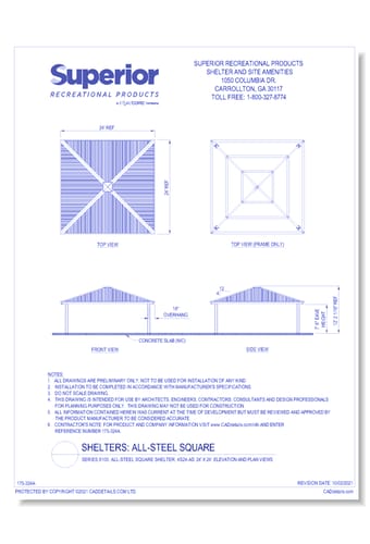 24' x 24' Square Shelter: Elevation and Plan Views