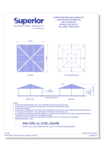 30' x 30' Square Shelter: Elevation and Plan Views