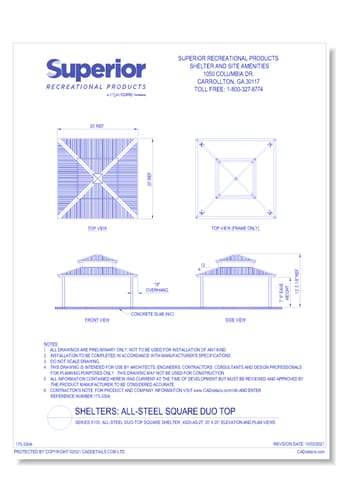 20' x 20' Duo-Top Square Shelter: Elevation and Plan Views