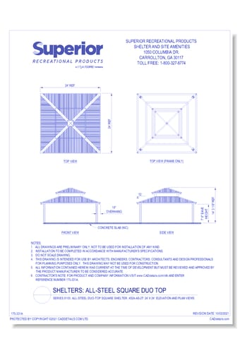 24' x 24' Duo-Top Square Shelter: Elevation and Plan Views