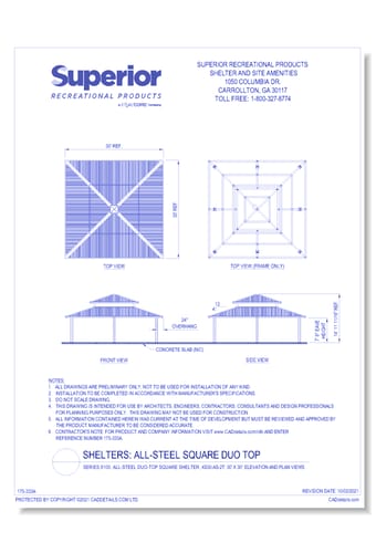 30' x 30' Duo-Top Square Shelter: Elevation and Plan Views