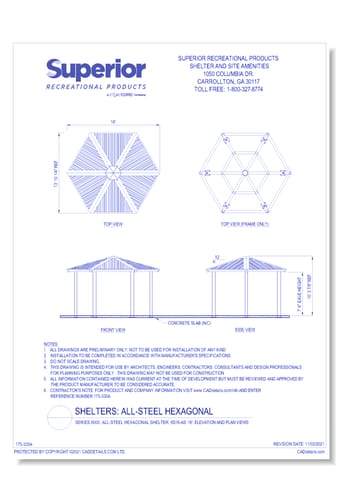 16' Hexagonal Shelter: Elevation and Plan Views