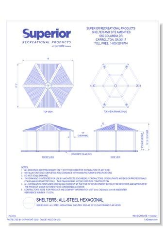 20' Hexagonal Shelter: Elevation and Plan Views