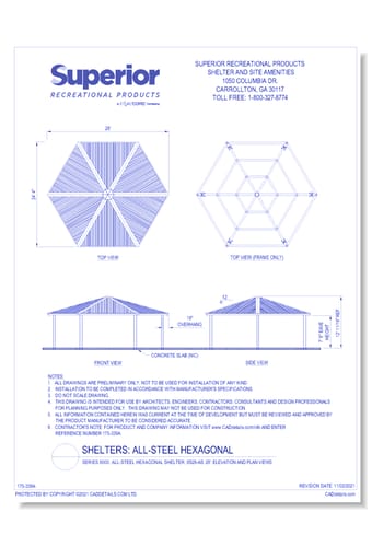 28' Hexagonal Shelter: Elevation and Plan Views