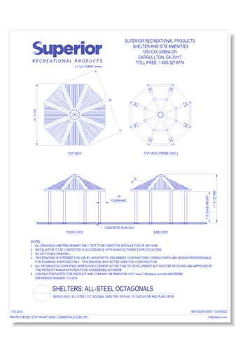 16' Octagonal Shelter: Elevation and Plan Views