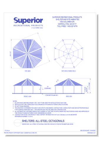 32' Octagonal Shelter: Elevation and Plan Views