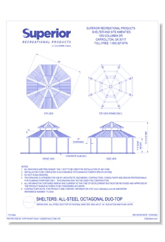 24' Duo-Top Octagonal Shelter: Elevation and Plan Views