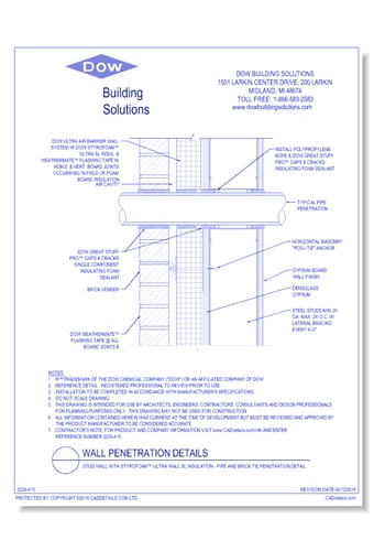 Stud Wall with STYROFOAM™ Ultra Wall SL Insulation - Pipe and Brick Tie Penetration Detail (C0117)
