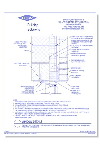 CMU Wall with STYROFOAM™ XPS - Window Head - Block Header - Flashed Behind Insulation - Mineral Wool Firesafing - NFPA285 (C0156)
