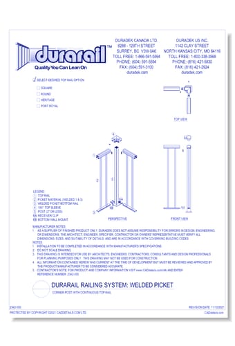 Welded Picket Detail - Corner Post with Continuous Top Rail